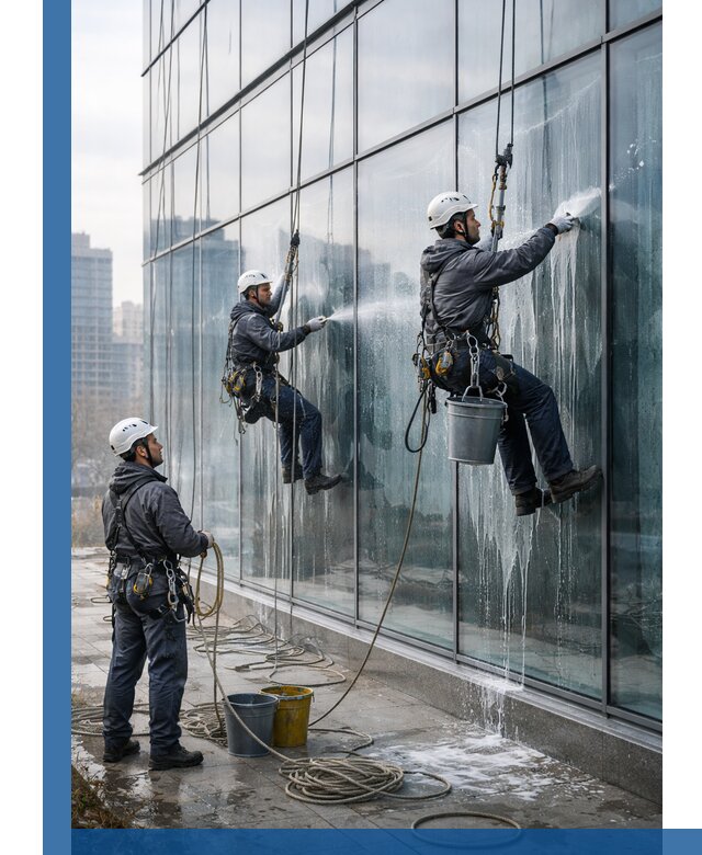 Промышленная мойка панорамных окон на высоте в Прокопьевске