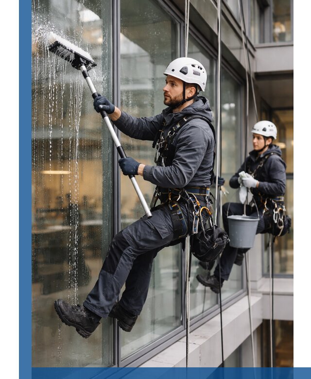 Профессиональная мойка витражей промышленными альпинистами в Прокопьевске