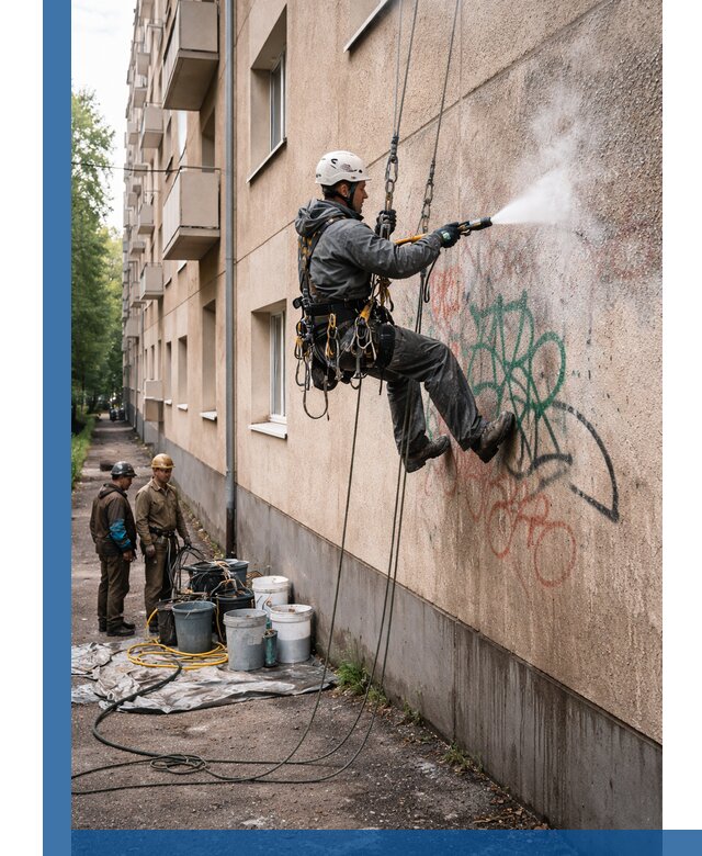 Удаление граффити с фасада в Прокопьевске без следов и повреждений