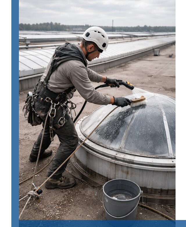 Мойка зенитных фонарей на кровле для промышленных объектов в Прокопьевске