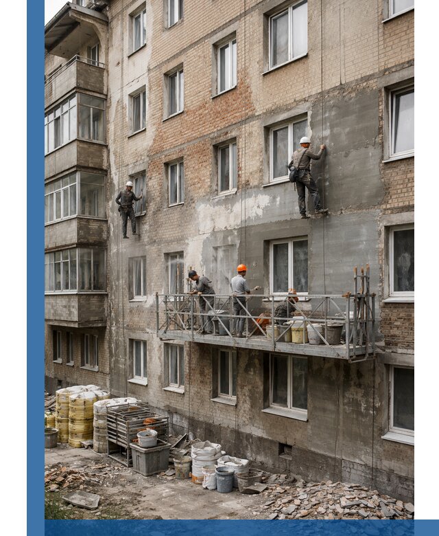 Капитальный ремонт фасада в Прокопьевске с восстановлением и гидроизоляцией