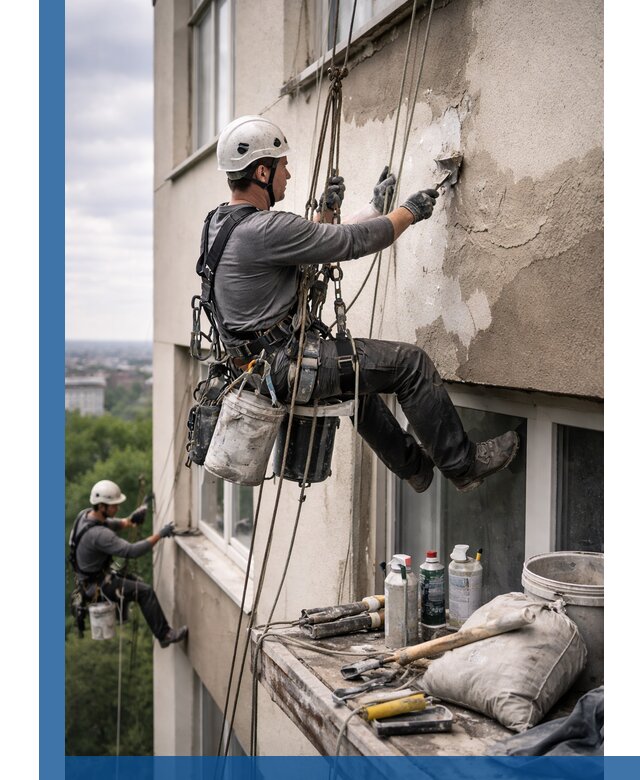 Косметический ремонт фасада зданий в Прокопьевске промышленными альпинистами