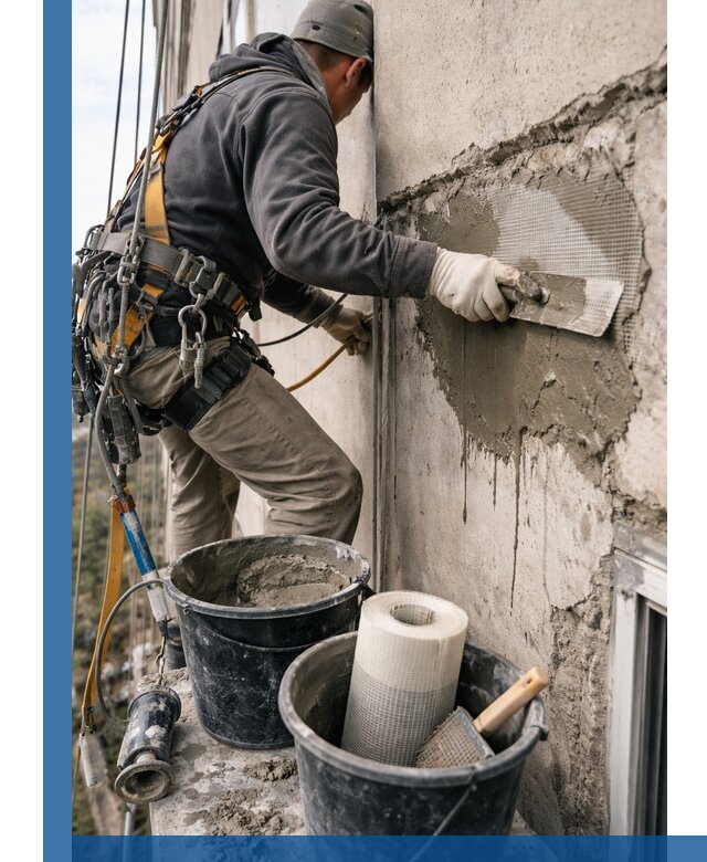 Ремонт бетонных элементов фасада промышленными альпинистами в Прокопьевске