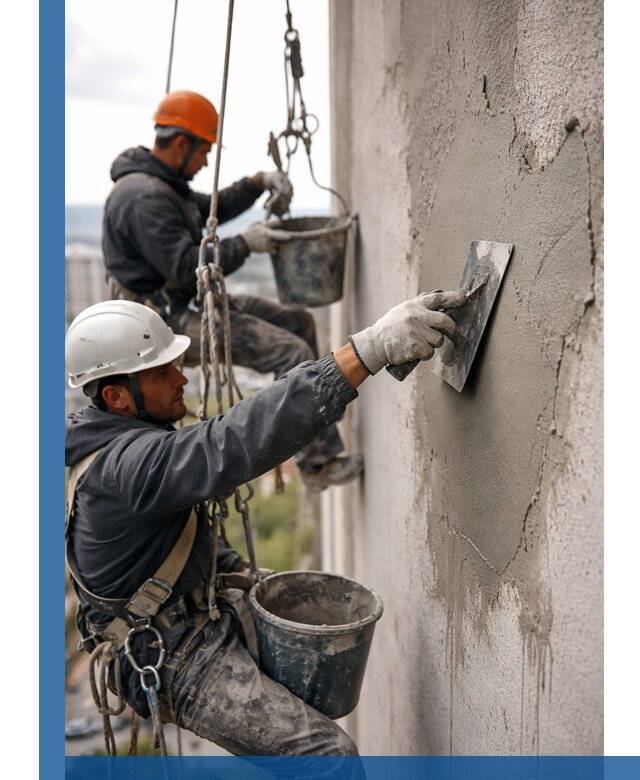 Штукатурка фасада на высоте в Прокопьевске профессиональные работы