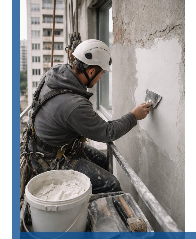 Шпаклевка фасадов на высоте с промальпинистами в Прокопьевске