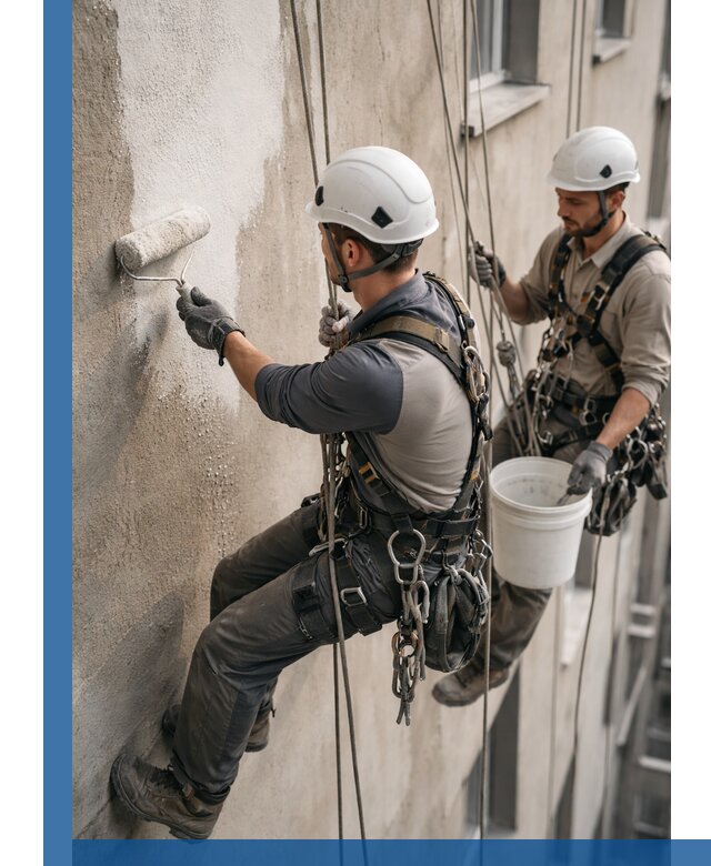 Грунтовка фасада на высоте в Прокопьевске промышленными альпинистами