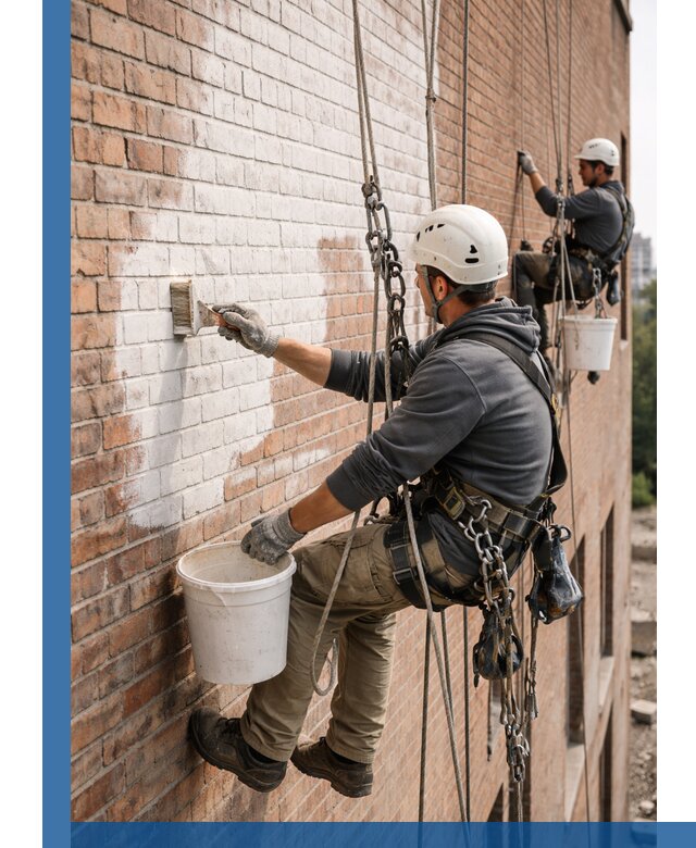 Покраска кирпичного фасада с доступным альпинистским сервисом в Прокопьевске