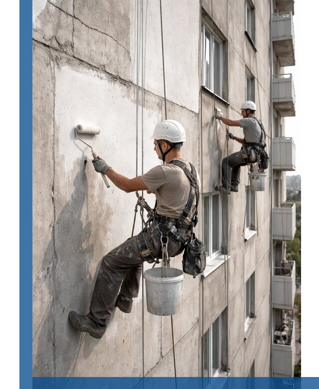 Покраска бетонного фасада в Прокопьевске для жилых и промышленных объектов