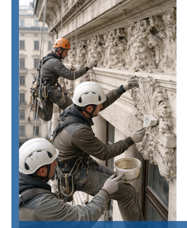 Реставрация фасадной лепнины с высотными работами в Прокопьевске