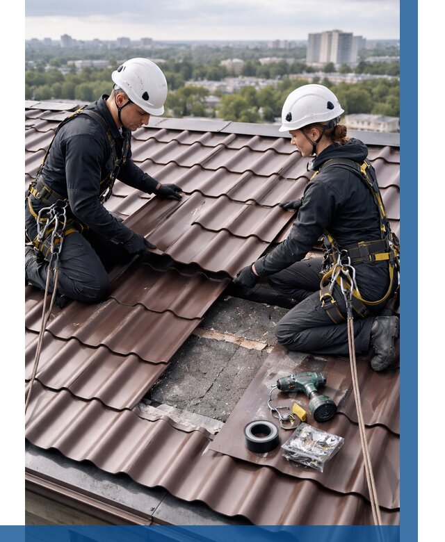 Ремонт металлочерепицы на крыше в Прокопьевске от 930 р. | ВЫСОТНИК-Прк