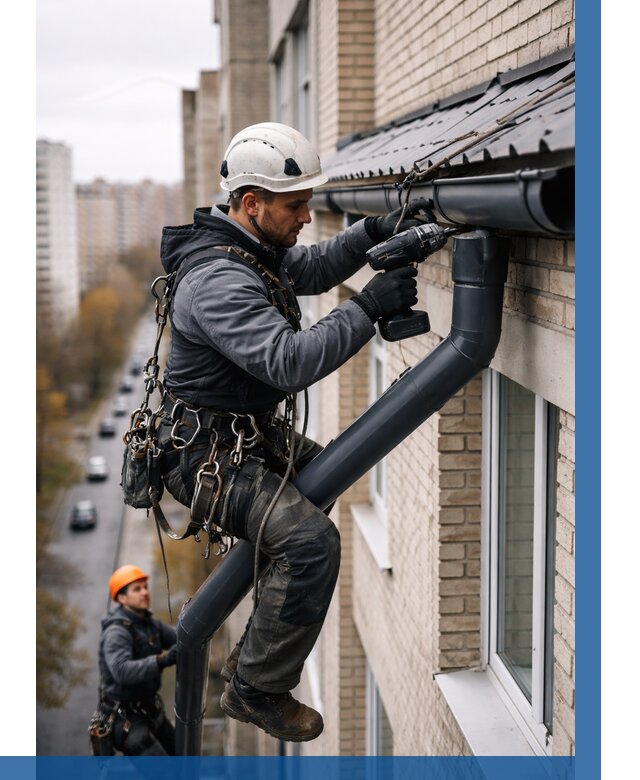 Монтаж водосточной системы на здании в Прокопьевске от 5169 р. | ВЫСОТНИК-Прк