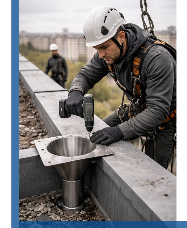 Монтаж водосточных воронок в Прокопьевске для промышленных зданий