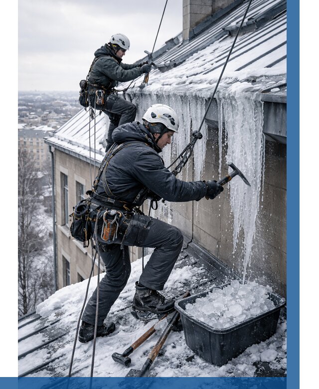 Удаление наледи с кровли в Прокопьевске от 5685 р. | ВЫСОТНИК-Прк