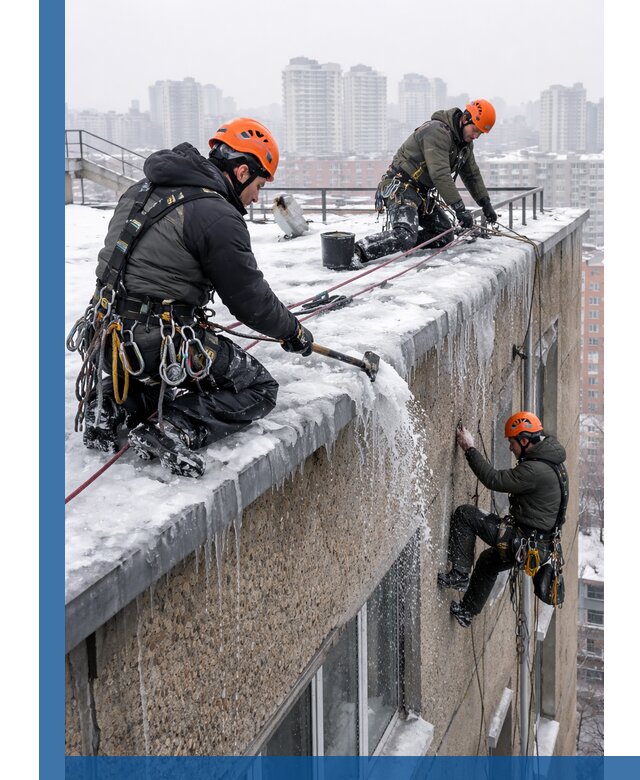 Удаление наледи с кровли в Прокопьевске промышленными альпинистами