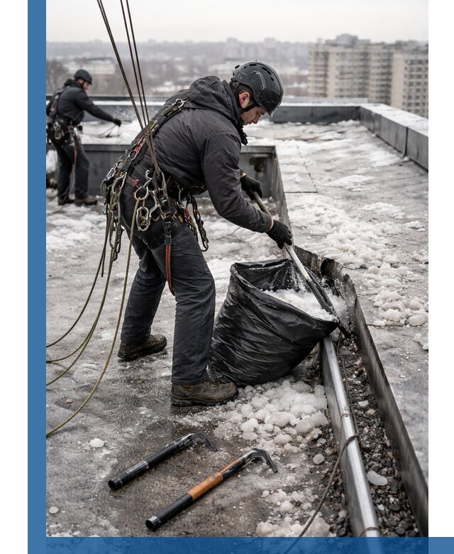 Аварийная очистка кровли в Прокопьевске от промальпинистов