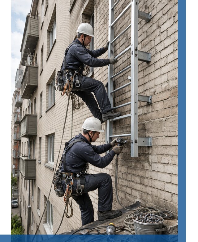 Монтаж пожарной лестницы в Прокопьевске от 25843 р заказать у ВЫСОТНИК-Прк