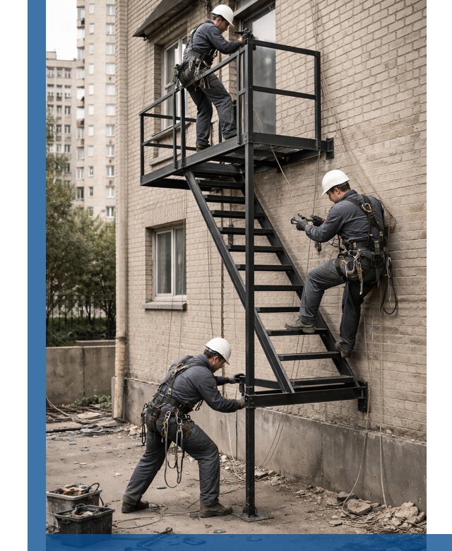 Монтаж пожарной лестницы в Прокопьевске, установка и крепление