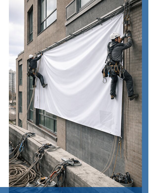 Монтаж баннеров на фасаде в Прокопьевске от 672 р. заказать ВЫСОТНИК-Прк