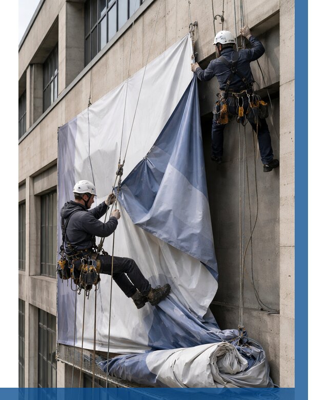 Демонтаж баннеров с фасада в Прокопьевске от 4652 р. | ВЫСОТНИК-Прк