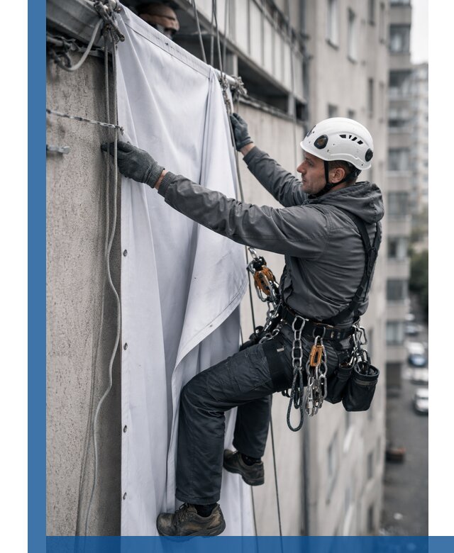 Замена баннерного полотна промышленными альпинистами в Прокопьевске