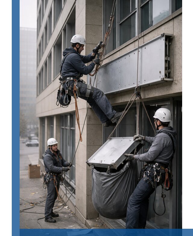 Демонтаж рекламной вывески с высотными работами в Прокопьевске