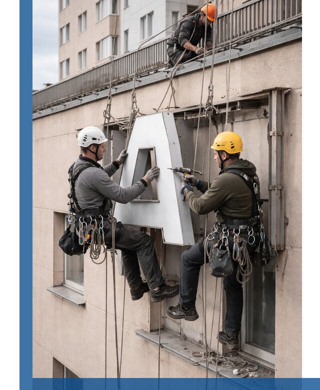 Ремонт и восстановление наружных вывесок на высоте в Прокопьевске