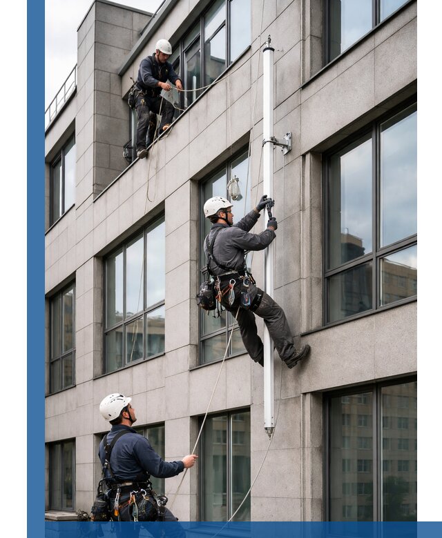 Монтаж флагштока на фасаде здания с креплением и герметикой в Прокопьевске