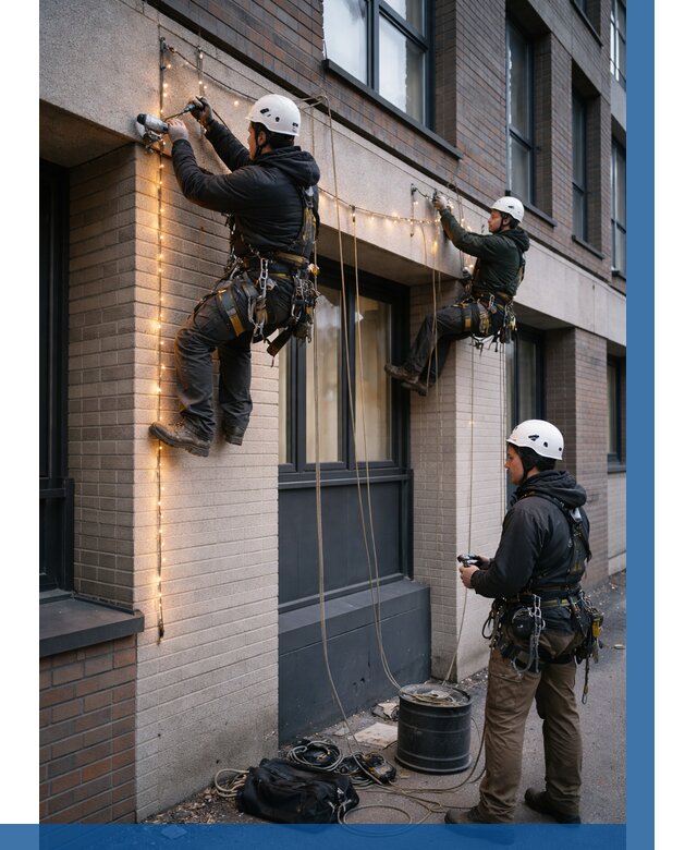 Монтаж гирлянд на фасаде в Прокопьевске от 3618 р. | ВЫСОТНИК-Прк