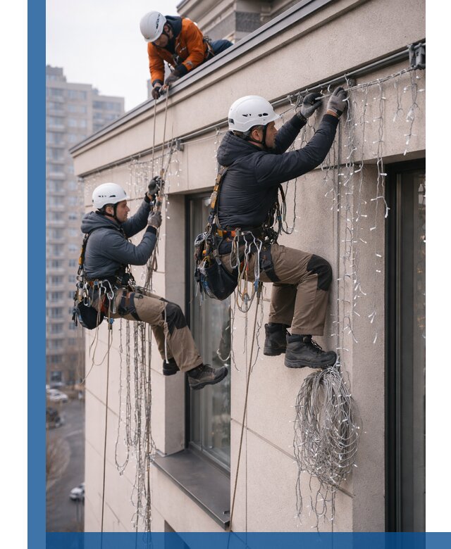 Монтаж праздничных гирлянд на фасаде в Прокопьевске для зданий