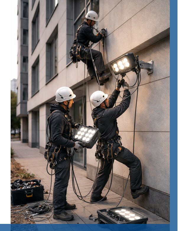 Монтаж прожекторов на фасаде в Прокопьевске от 7753 р. | ВЫСОТНИК-Прк