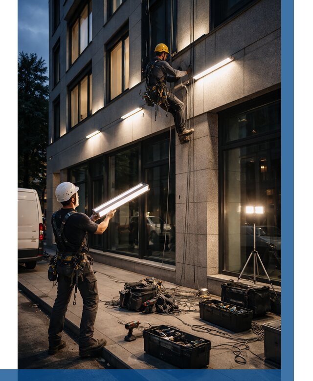 Монтаж архитектурной подсветки здания в Прокопьевске от 2584 р.|ВЫСОТНИК-Прк