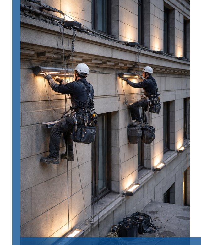 Монтаж архитектурной подсветки фасадов зданий в Прокопьевске