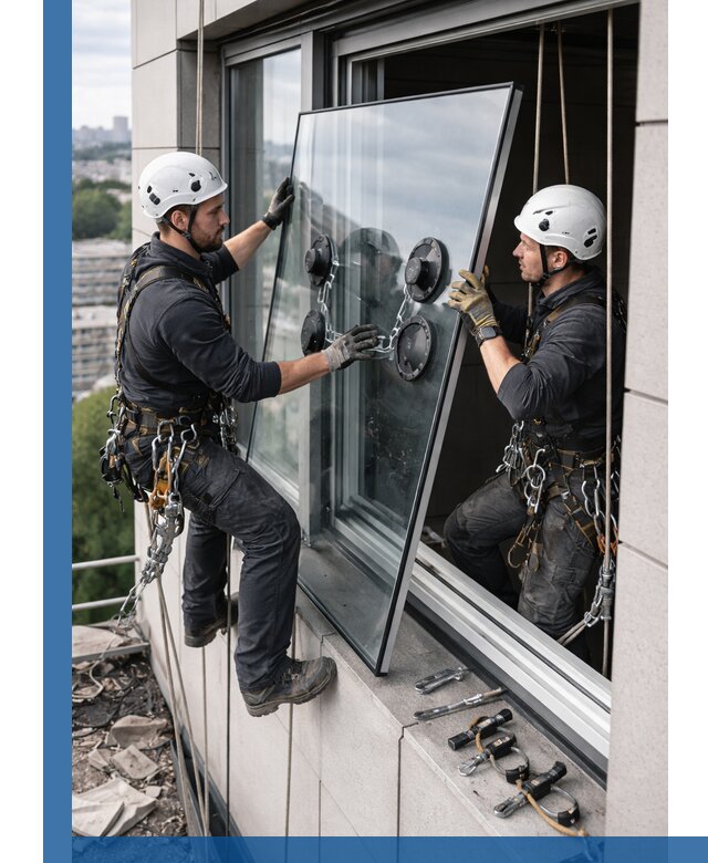 Замена стеклопакетов на высоте с промышленными альпинистами в Прокопьевске