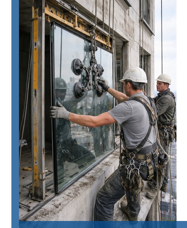 Монтаж стеклопакетов на высоте в Прокопьевске с промышленным альпинизмом