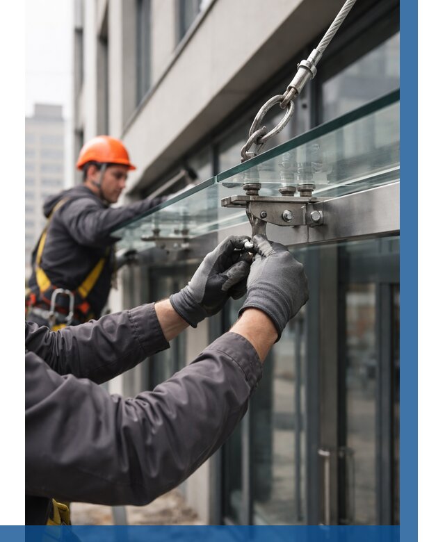 Монтаж стеклянных козырьков в Прокопьевске от 8786 р. | ВЫСОТНИК-Прк