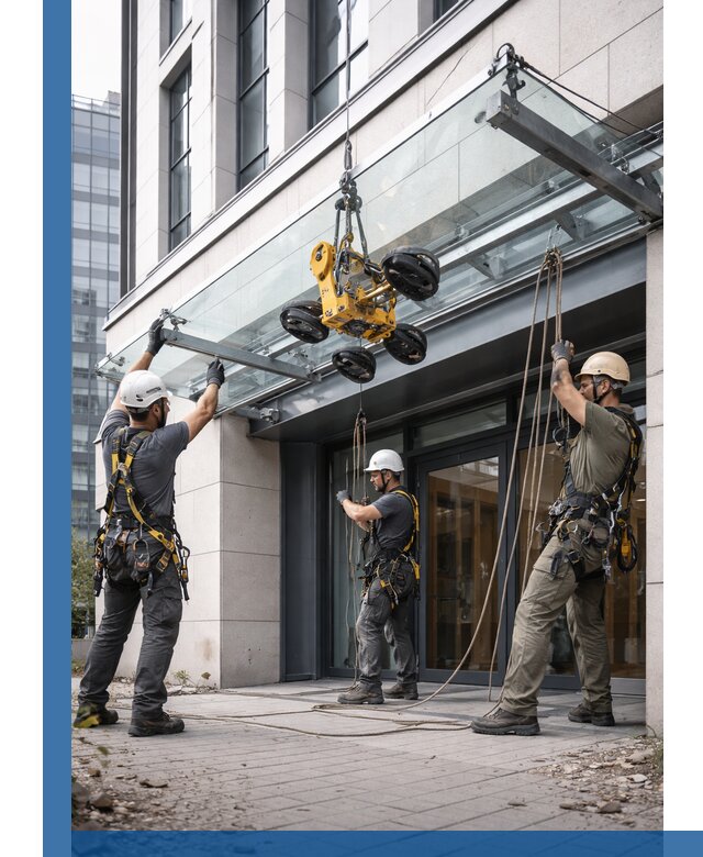 Монтаж стеклянных козырьков под ключ в Прокопьевске для зданий