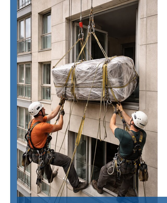 Подъем грузов через окно в Прокопьевске промышленными альпинистами