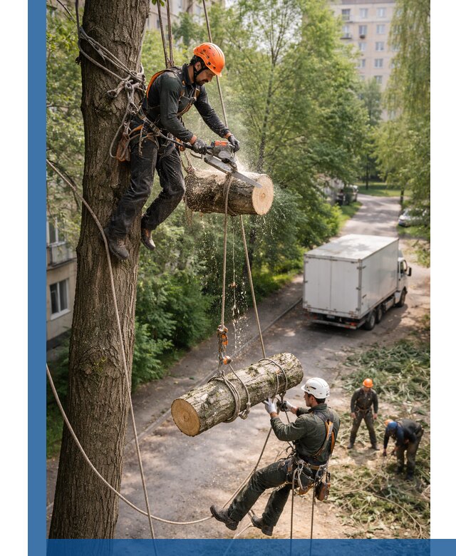 Спил деревьев альпинистами в Прокопьевске, безопасно и без повреждений