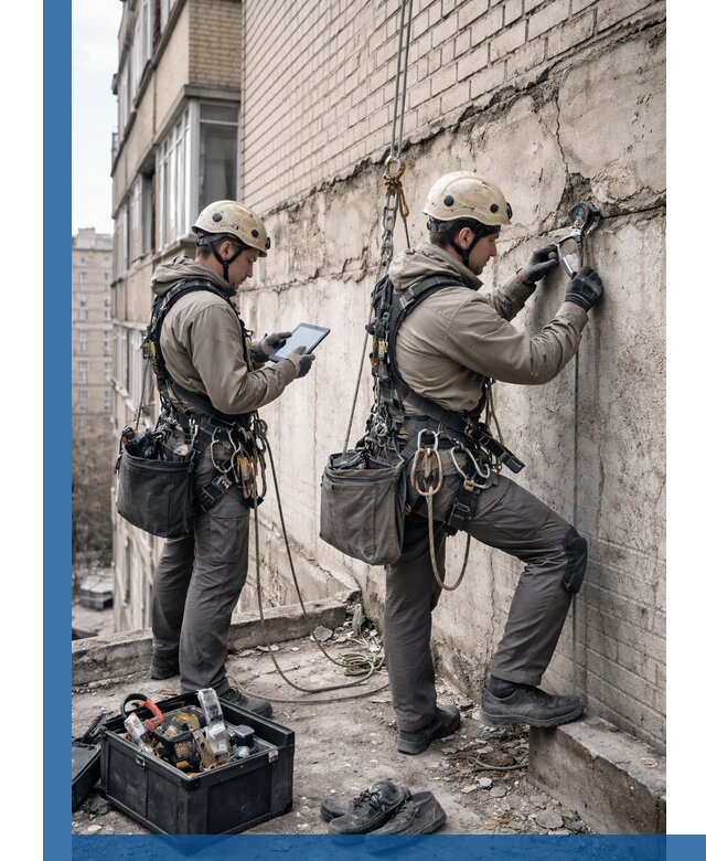 Обследование фасада промышленными альпинистами в Прокопьевске